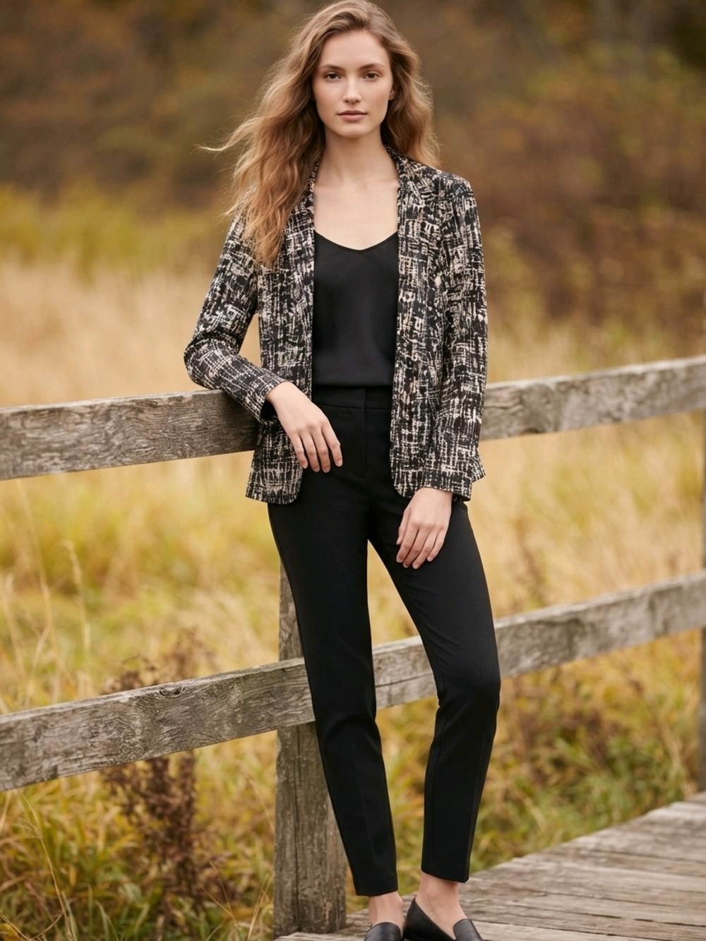 Jessica H Vintage Size 16 Black Cream Abstract Print Open Front Blazer